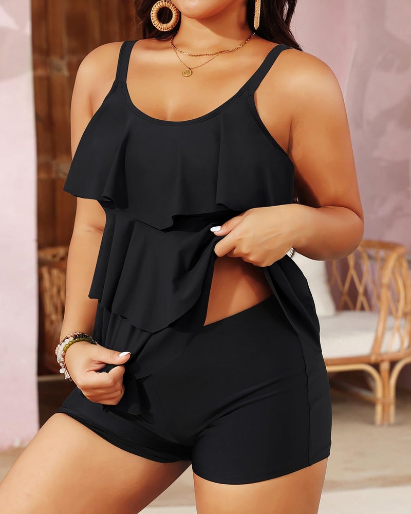 Yonique Women's Plus Size Tankini Swimsuits with Shorts Two Piece Bathing Suits Ruffle Swimsuits Tummy Control Swimwear Black 16W - Image 2
